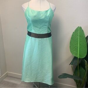 Vintage Bari Jay Sage Green Formal Midi Dress with Brown Detail. Size 16